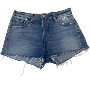 Reformation High Rise Distressed Denim Cut Off Shorts Button Fly Raw Hem Size 26